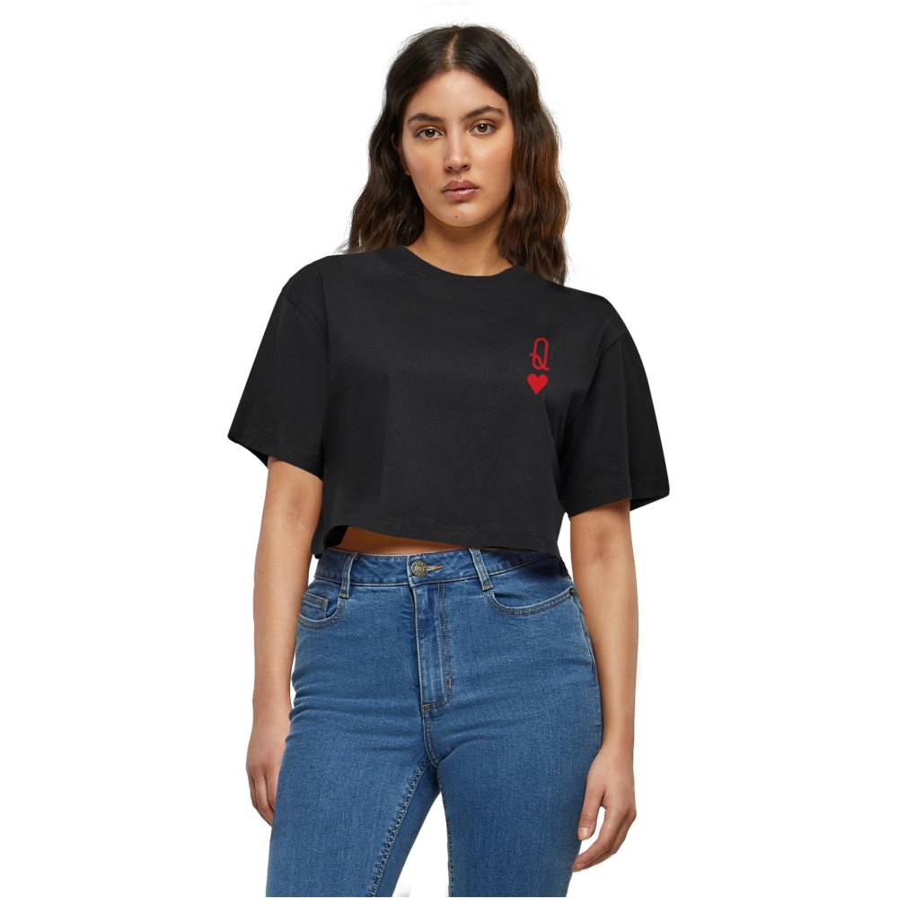 Merchcode - Hugs & Love Queen of Hearts Short Oversized Crop top - Zwart
